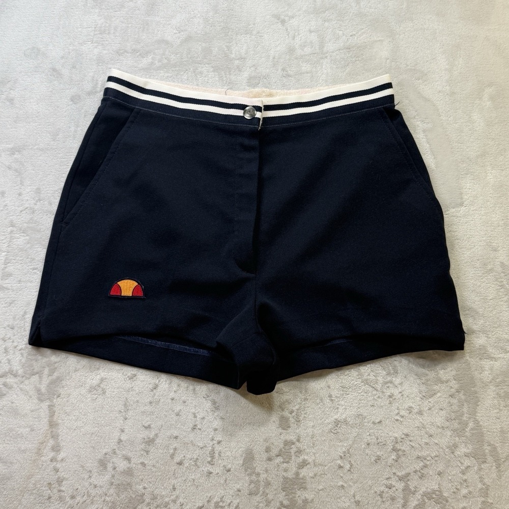 Vintage 70s Ellesse Womens 10 Petite Tennis Shorts Navy Made in Italy Retro